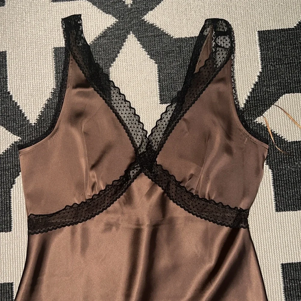 House of Harlow 1960 Brown Satin Black Lace Slip Dress - Picture 4 of 8